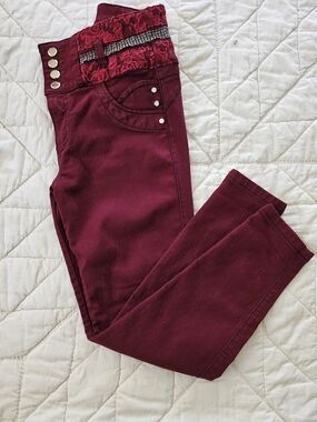Kiwi Burgundy High Rise -Lace Accented Skinny Jeans - Size 10
